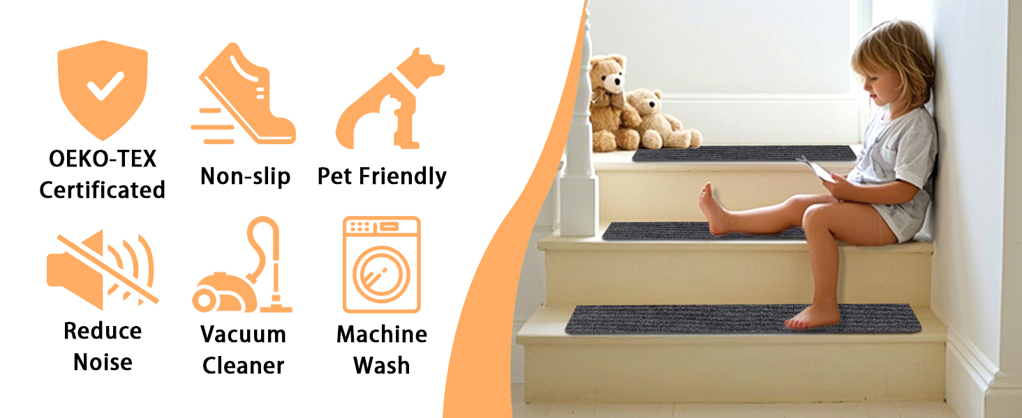 Набори килимків для сходів Aucuda, 15 шт., сірі, 76x20 см, антиковзаючі, самоклеючі, для захисту дерев'яних ступенів