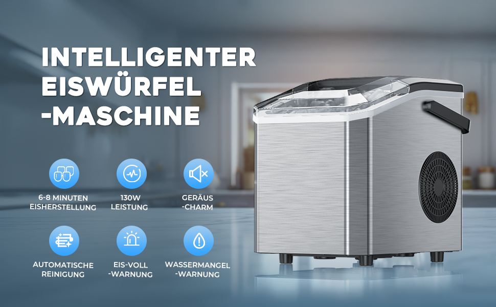 Машина для приготування льоду Klein, 130W, 15 кг/24 год, самоочищення, з лопаткою та кошиком, 2 розміри кубиків, для кухні