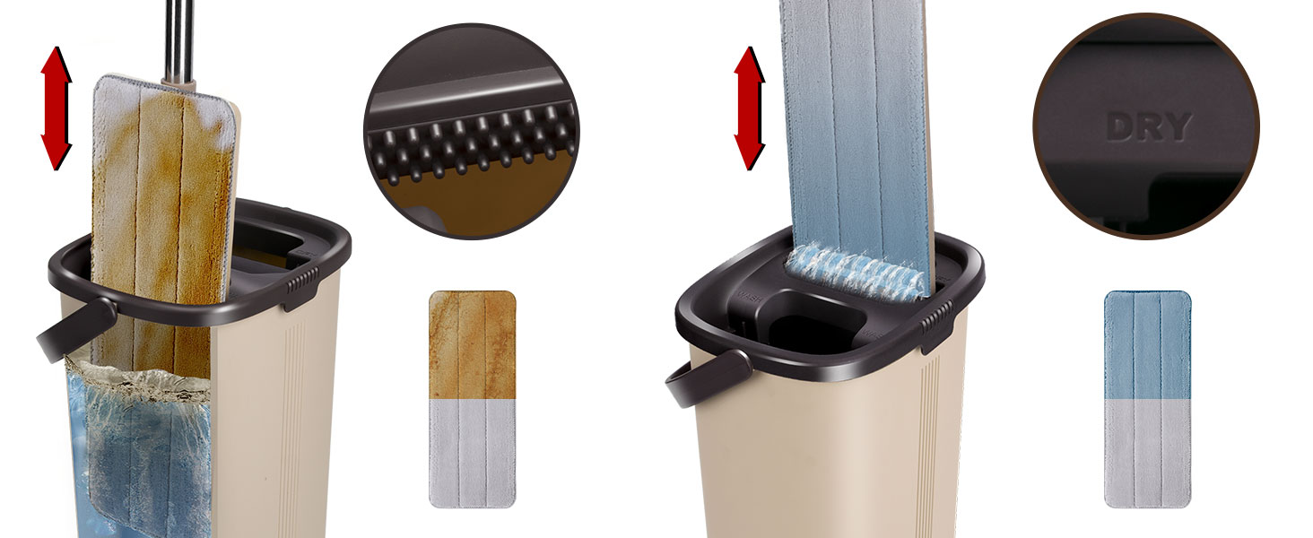 Набір для миття підлоги з відром, Masthome, компактний, з віджимом, 3 мікрофібрових насадок, нержавіюча сталь, 2 в 1, для дерев'яних, плиткових та мармурових підлог (Бежевий)