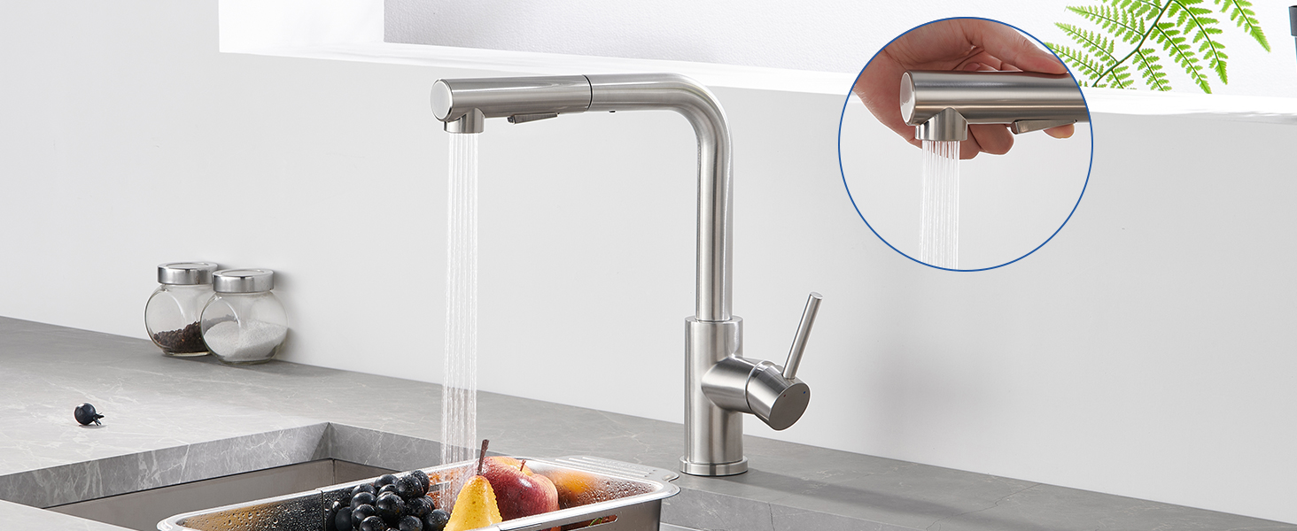 Висувна кухонна змішувач з душем, 360° поворот, нержавіюча сталь, 2 режими струменя, кухонна змішувач преміум-класу, сріблястого кольору