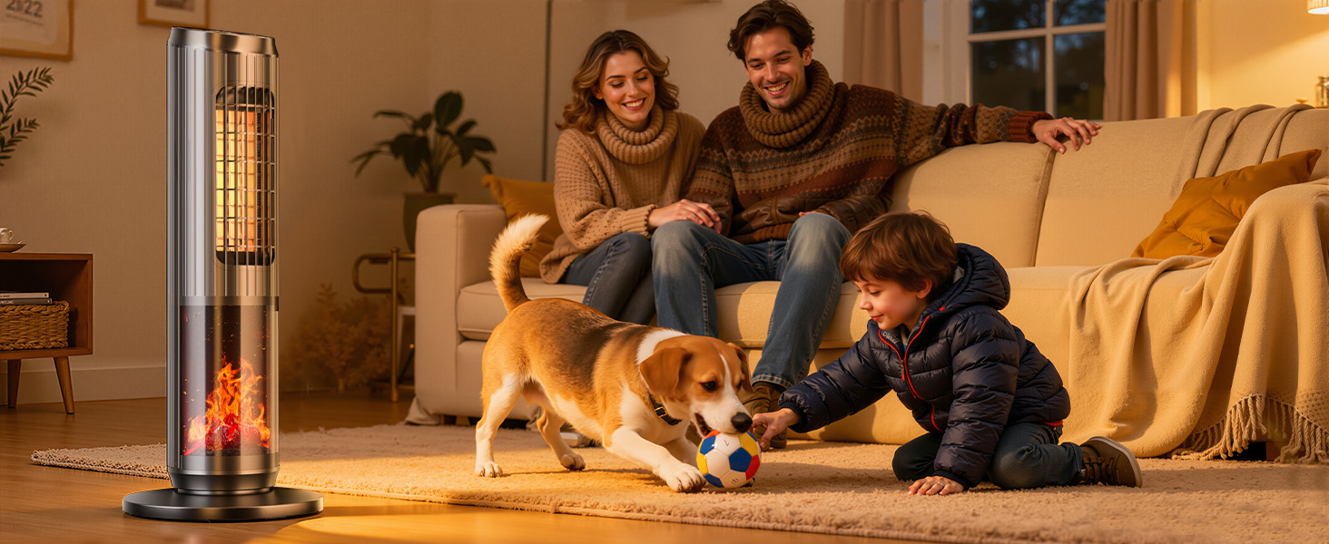 Електричний обігрівач керамічний 2000W з термостатом, дистанційним керуванням, ефектом каміну, осциляцією 70°, ECO-режим, таймером 1-8 год, захистом від перегріву та перекидання, тихий, для офісу та вітальні