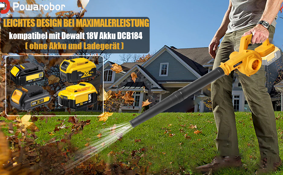 Акумуляторний повітродув Powarobor для Dewalt 18V, компактний садовий повітродув для прибирання листя, газонів, терас і гаражів (без акумулятора та зарядного пристрою)