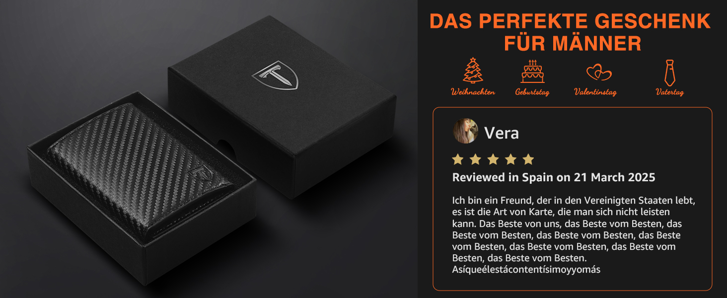 Чоловічий гаманець з RFID-захистом – портмоне з карбонової шкіри, 8 відділень для карток, віконце для ID, монетниця, кишеня для грошей, з подарунковою коробкою, чорно-помаранчевий