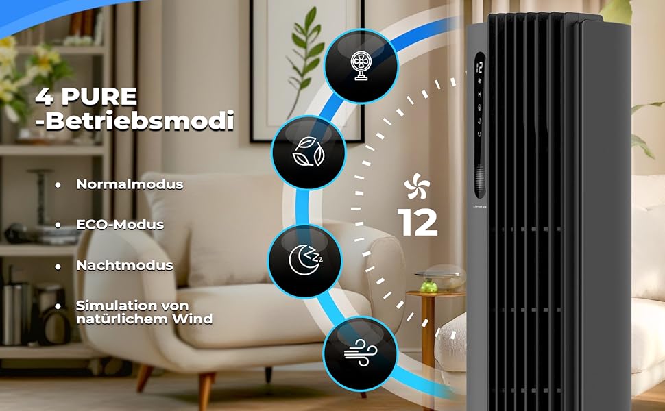 Турбовентилятор 110 см з пультом керування, тихий вентилятор-вежа, 30W, 12 швидкостей, таймер 12h, іонізація, охолоджувач повітря PURE Plasma, білий (сірий)