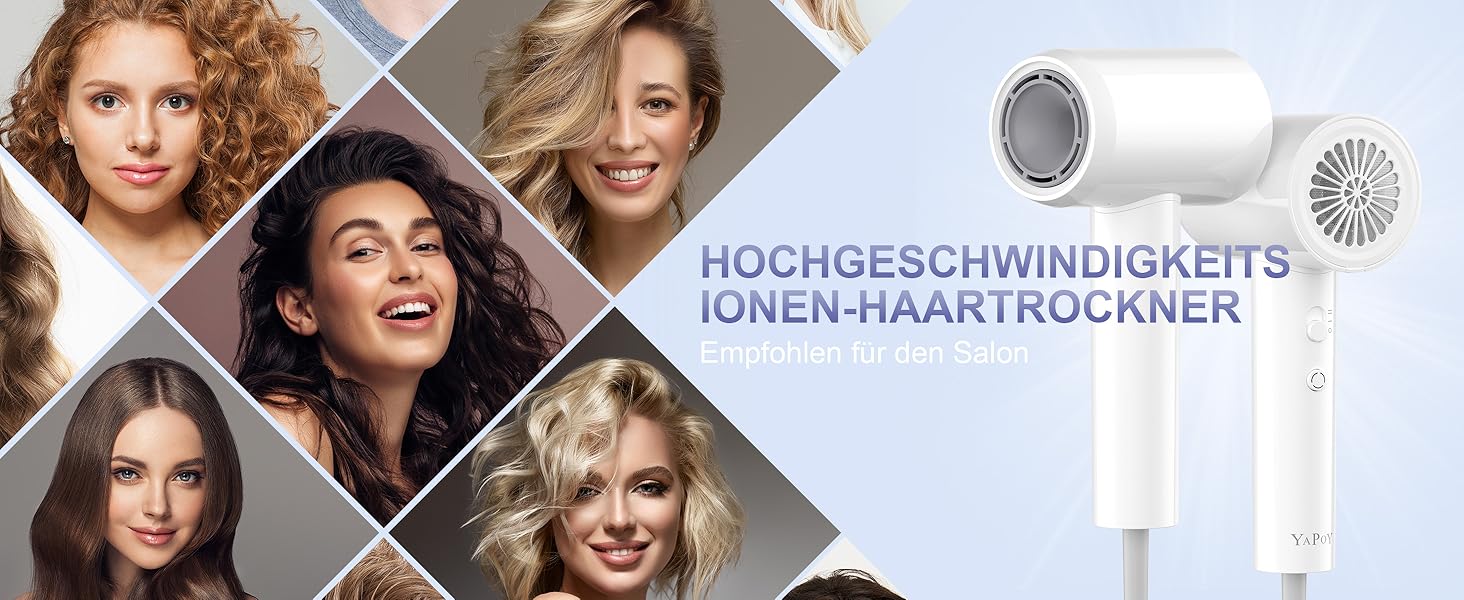 Фен YAPOY з іонізацією 200 млн іонів, 110 000 об/хв, швидке сушіння, менше завивань, інтелектуальне регулювання температури, тихий, легкий, для дорослих/дітей/домашнього використання/готелю/кемпінгу, білий