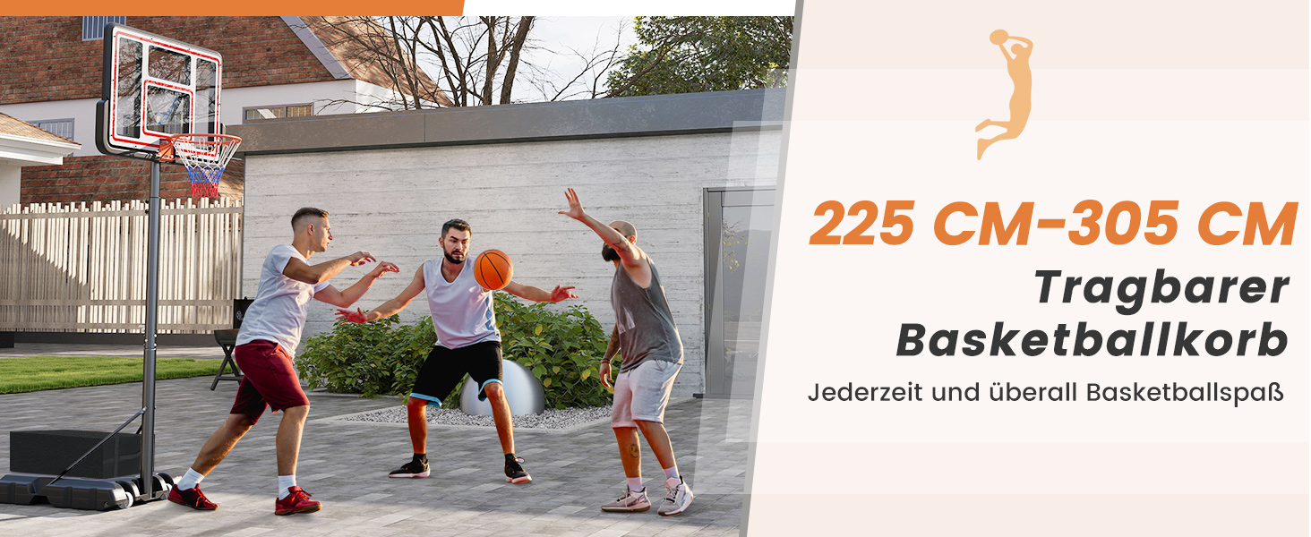COSTWAY Adjustable Height Basketball Hoop System - Outdoor Mobile Basketball Stand with Wheels & Weight Bag (225-305cm)