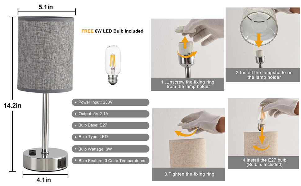 LED-лампа на тумбочку з торшером, сенсорне керування, USB-порт A+C, тканинний абажур, металева основа, для спальні, офісу, вітальні, з лампочкою (сіра)