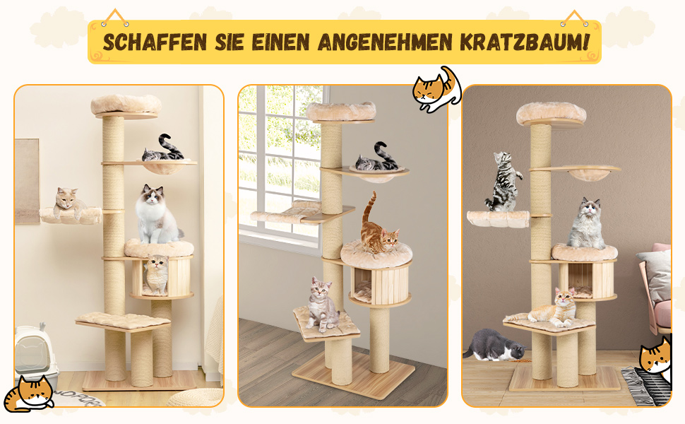 Дерев'яний кігтечка Costway 197 см з гамаком, будиночком та кошиком для котів, 7-ярусний, бежевий