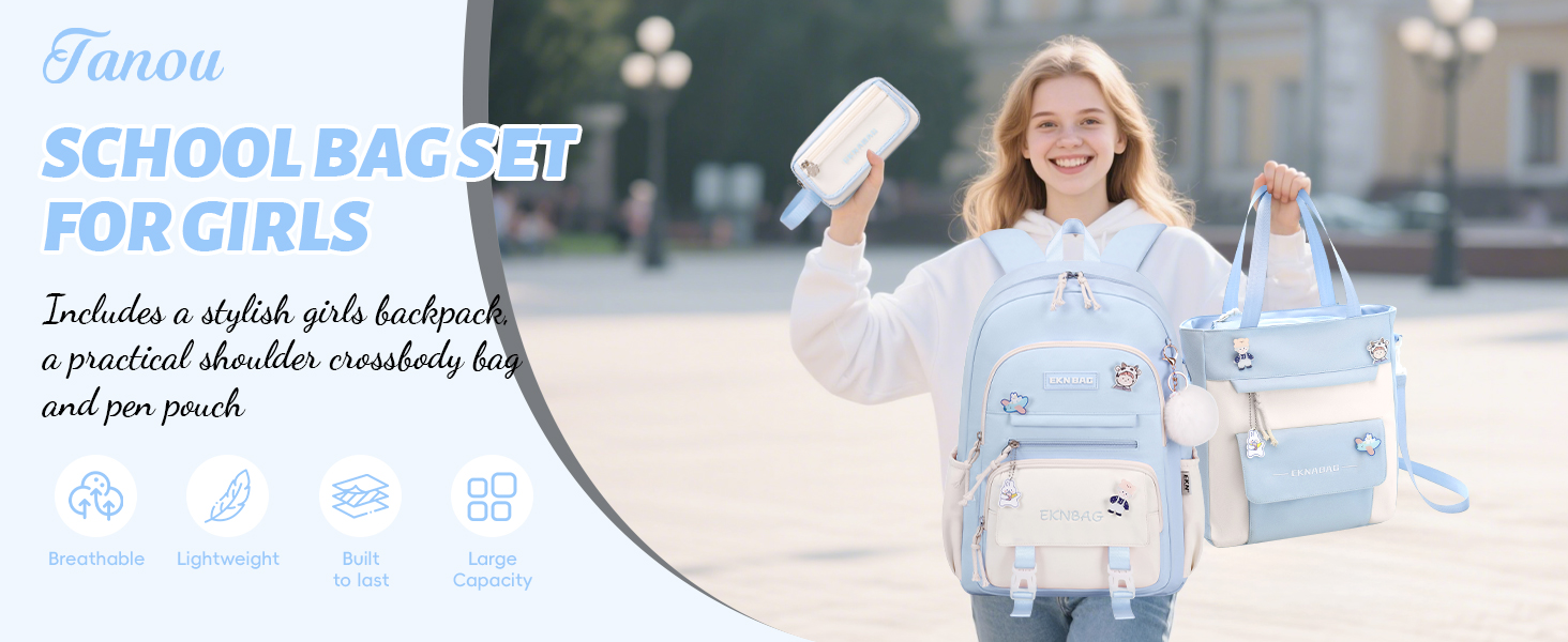 Рюкзак Tanou для дівчаток, шкільний набір: рюкзак, сумка через плече та пенал. Шкільний рюкзак для підлітків, casual, блакитний.