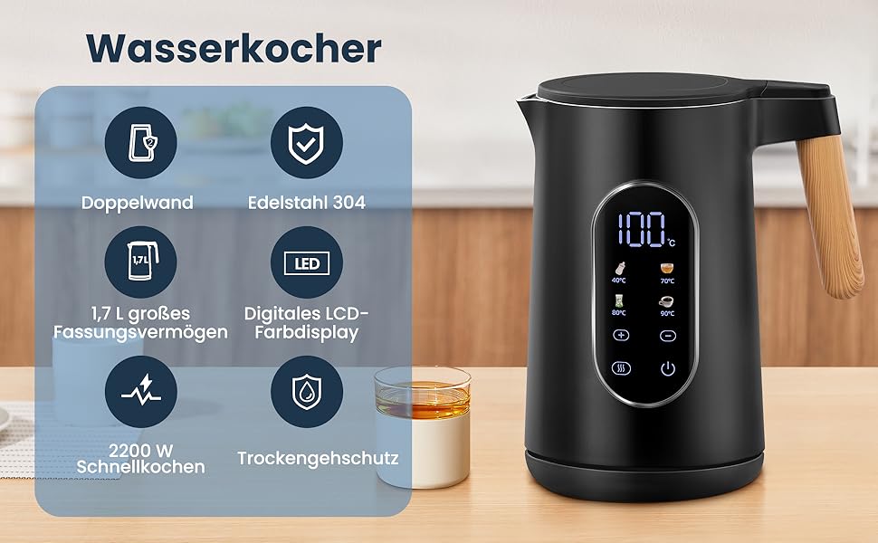 Електричний чайник VORSCH з нержавіючої сталі, 1,7 л, 2200 Вт, регулювання температури, підтримання тепла, захист від сухого кипіння, LCD-дисплей, поворотна база 360°, подвійні стінки, BPA-free, чорний з дерев'яною ручкою