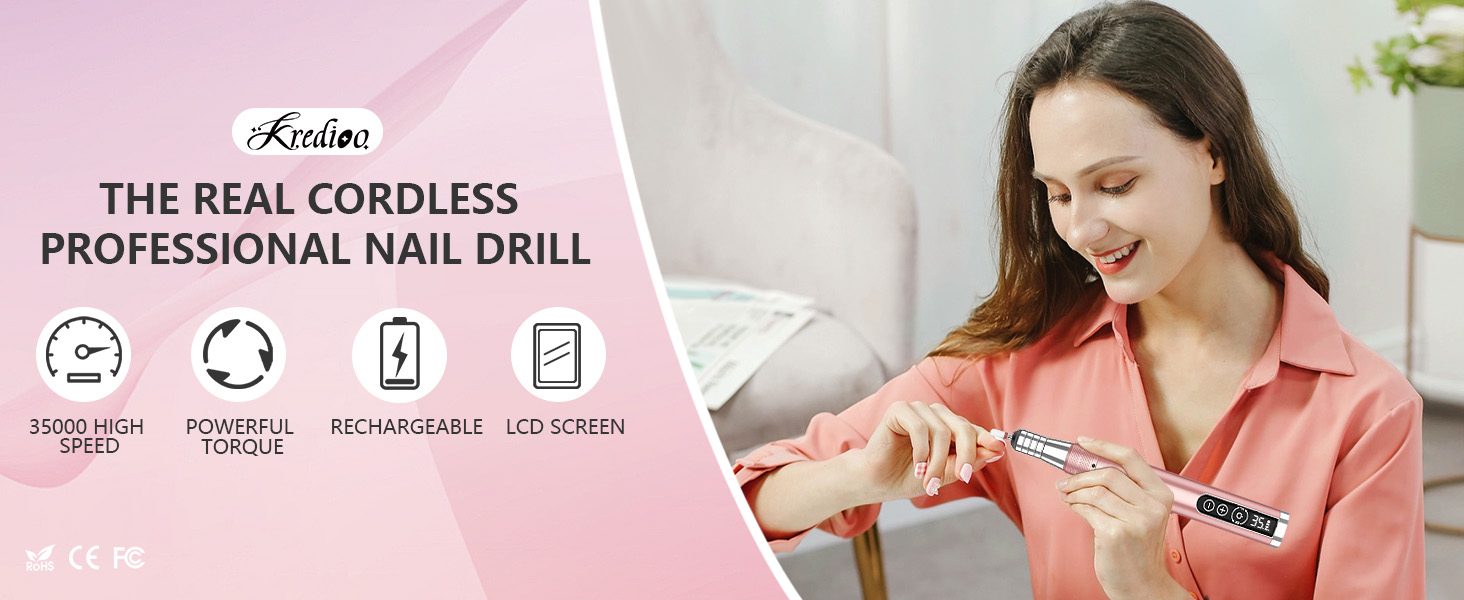 Електрична машинка для манікюру та педикюру Kredioo бездротова, 35000 об/хв, набір з 6 фрезерними насадками для видалення кутикули, шкарлазу, акрилу та гелю. Підходить для початківців та професіоналів.