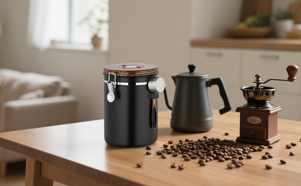 Каньора для кави 1 кг, нержавіюча сталь з дерев'яним декором, вакуумна каністра з CO2-клапаном, мірна ложка та індикатор дати, для кави, горіхів, какао