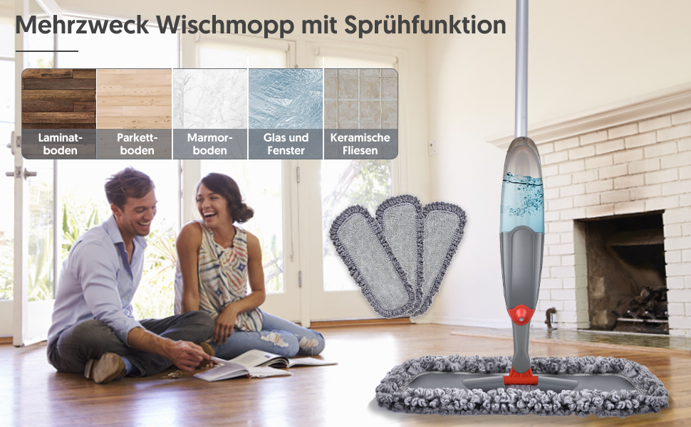 Швабра з розпилювачем Domi-Patrol з 3 змінними мікрофібровими насадками, 435 мл резервуар для води, сіра