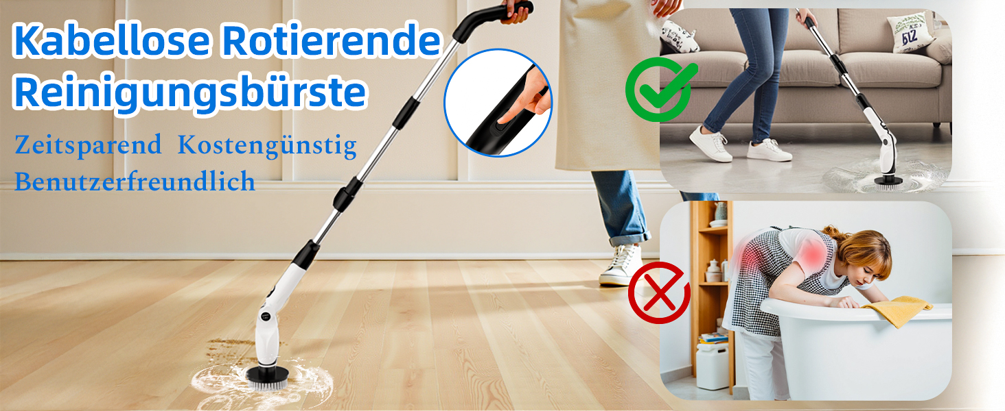 Електрична щітка для прибирання: 7 насадок, 3 довжини, 90 хв роботи, 2 режими швидкості для ванної, кухні, авто