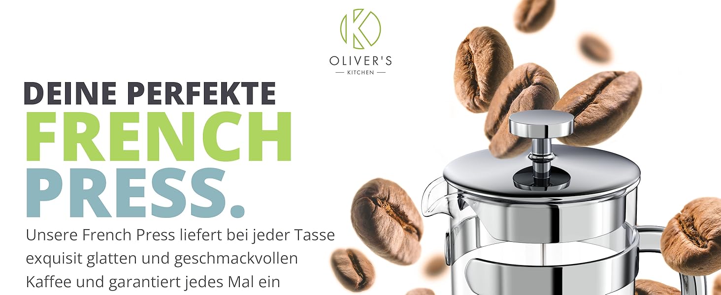Френч-прес Oliver's Kitchen® 1 літр - скляний заварник для кави, срібний | Елегантний дизайн, для автентичного смаку