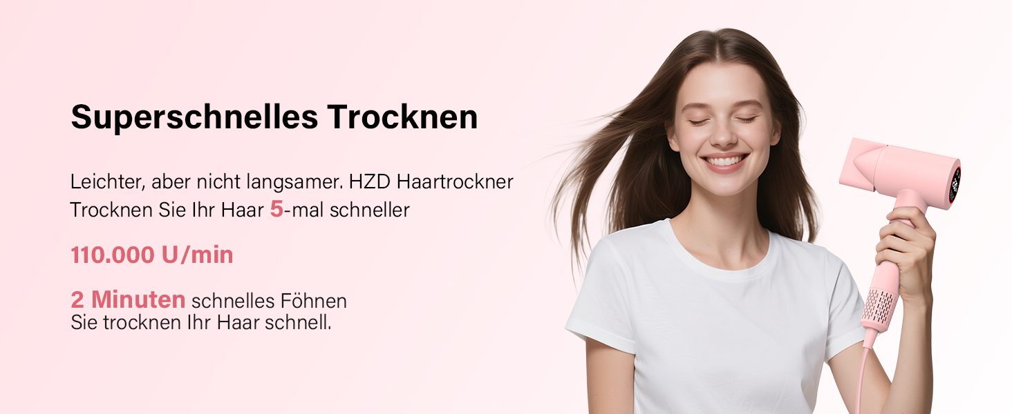 Фен з дифузором, 57dB, швидке сушіння, для подорожей та дому (рожевий)