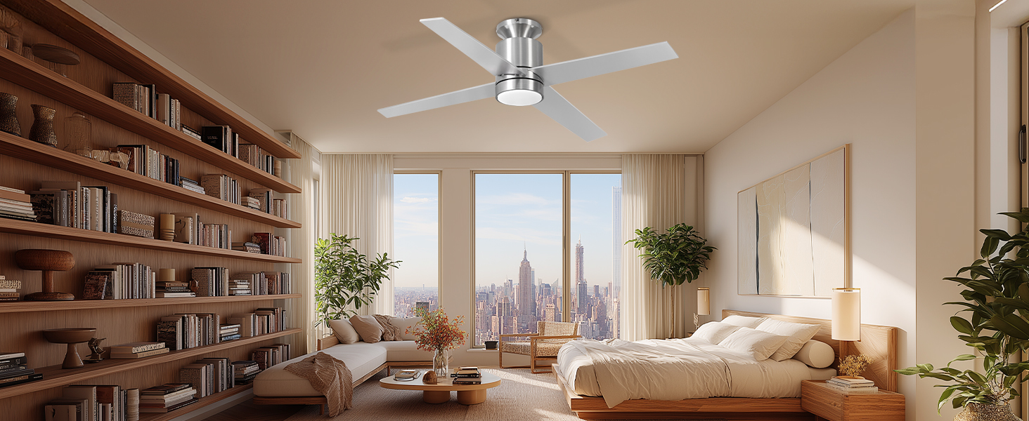 Стеляний вентилятор Ohniyou з підсвічуванням та пультом керування – 96,5 см (38 дюймів). Тихий, димування, для спальні, тераси, внутрішнього/зовнішнього використання (нікель, сучасний)