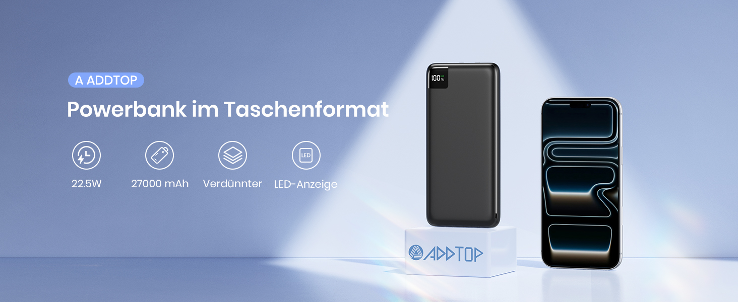 Power Bank A ADDTOP 27000mAh з швидкою зарядкою 22.5W, 4 виходи USB, PD 3.0, QC 4.0, чорний