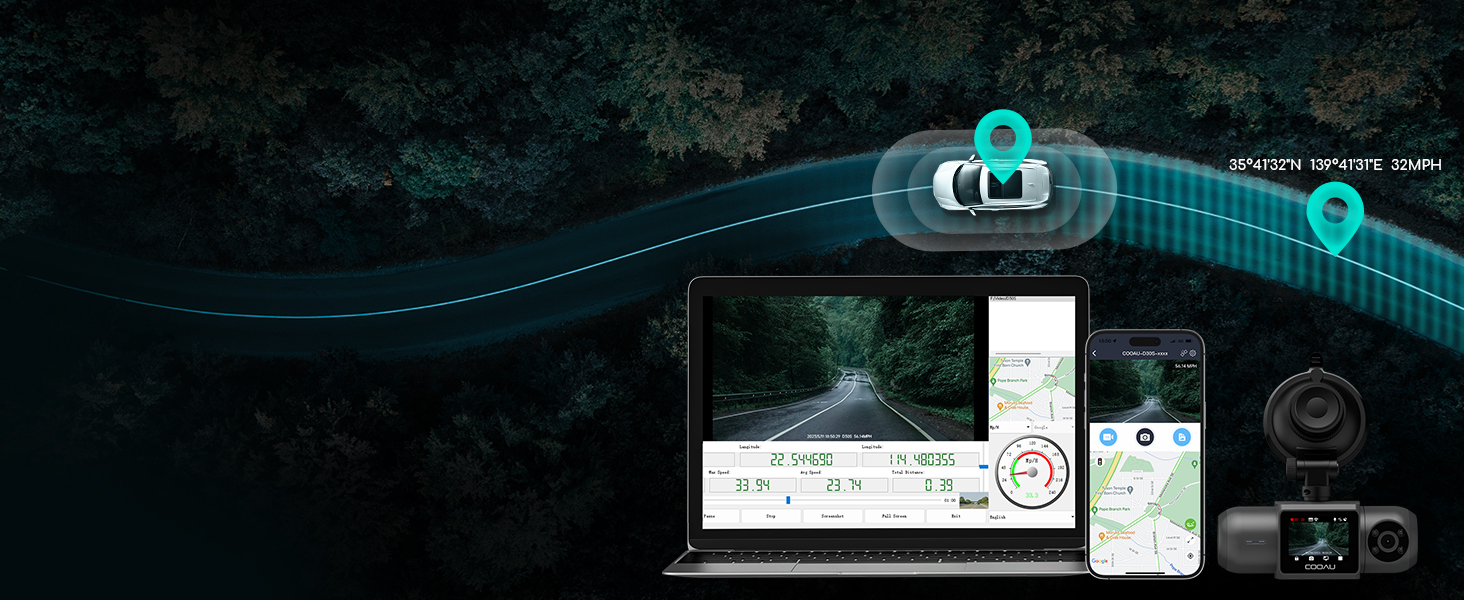 Відеореєстратор COOAU D30S 4K з GPS, WiFi, двома камерами (передньою 4K та внутрішньою 2.5K), інфрачервоною нічною зйомкою, G-сенсором, паркувальним режимом та підтримкою карт пам'яті до 256GB