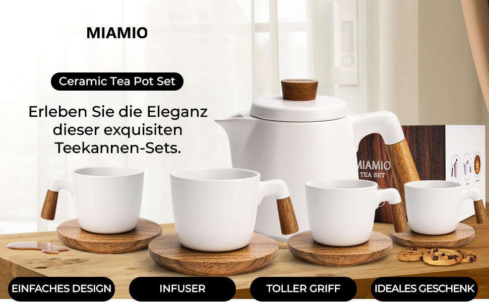 Набір для чаю Miamio: керамічний чайник 1 л з ситечком та 4 чашки (300 мл), бамбукові підставки