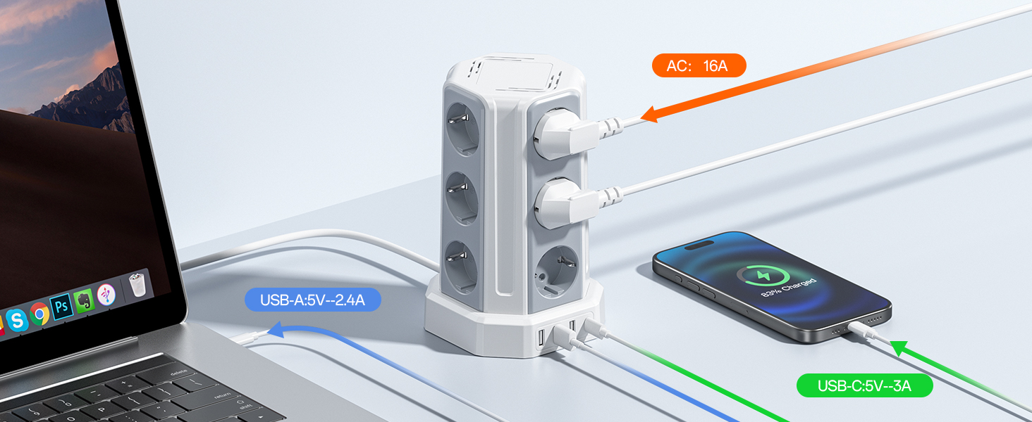 Смуга розподілу Sameriver на 12 розеток з кабелем 5м, 4 USB-порти, захист від перенапруги, чорний