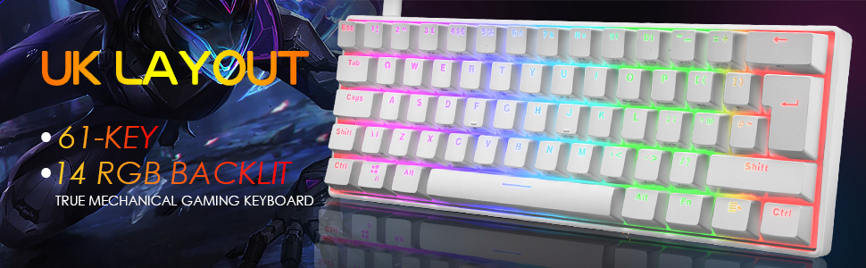 Ігровий комплект клавіатури та миші MK21: RGB механічна клавіатура 60% (62 клавіші), миша 6400 DPI, килимок для миші. Сумісність з PS4, Xbox, PC. Чорний/Blue Switch (White)