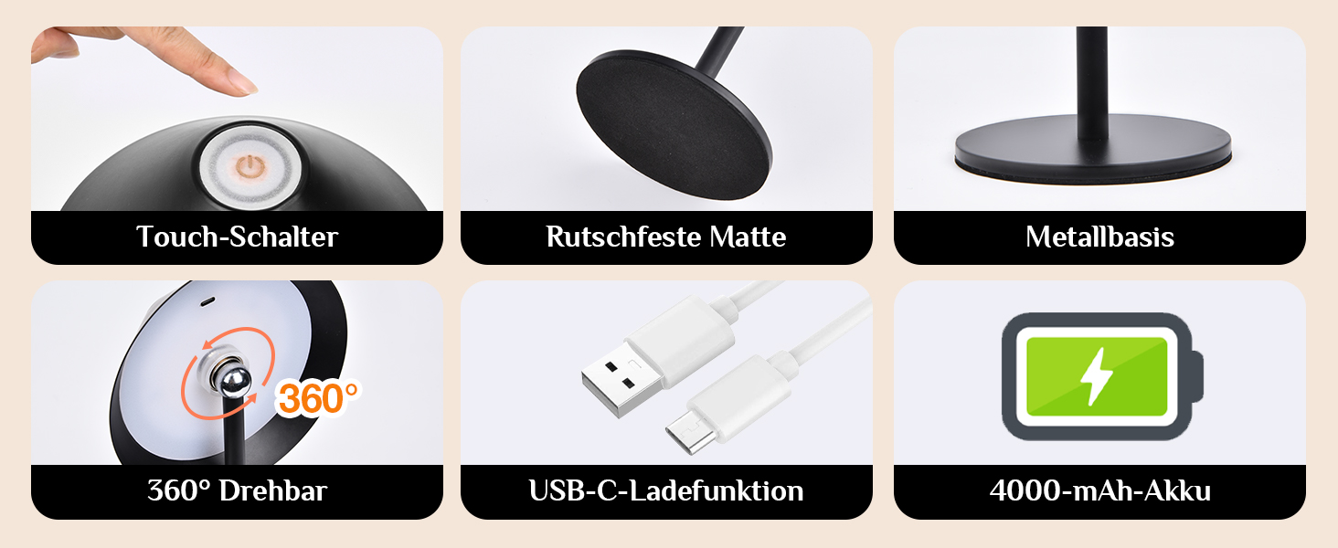 Світлодіодна настільна лампа Rosnek бездротова, акумуляторна 4000 mAh з димером, поворотна на 360°, чорна