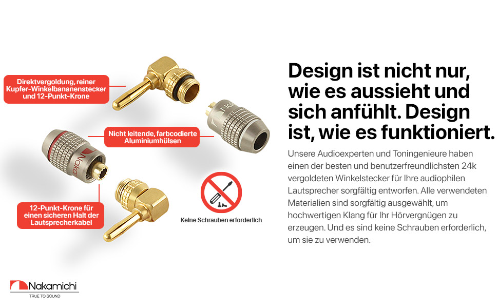 Бананові конектори Nakamichi FanLock Excel-Serie, позолочені правокутні роз'єми для акустичних кабелів Hi-Fi та домашнього кінотеатру, 10-18 AWG, 4 мм, 4 шт (2 пари)