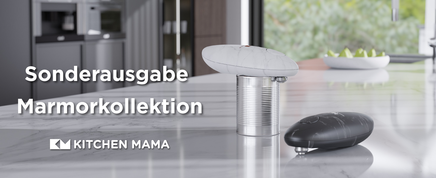 Електрична відкривачка для консервів Kitchen Mama Auto 2.0, автоматична, батарейкова, з оптимізованим лезом, безпечна, гладкий зріз, мармурово-чорна