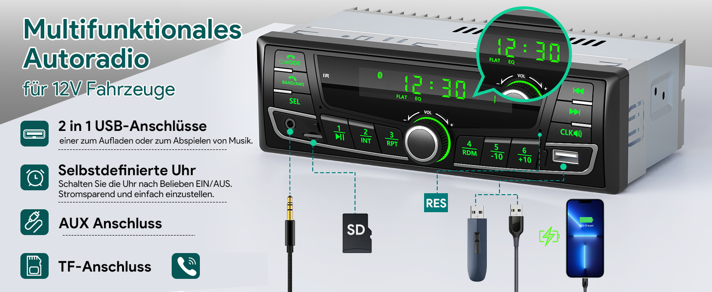 Автомобільна магнітола Wistrue 1DIN з Bluetooth, RDS, FM/AM, USB, AUX, SD, MP3, підсвічування 7 кольорів, для iOS та Android
