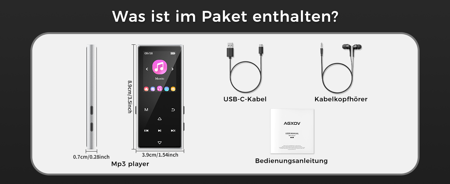 MP3 плеєр з Bluetooth 5.3 та карткою пам'яті 128ГБ, Hi-Fi плеєр з динаміком та навушниками, металевий корпус, акумулятор на 36 годин, для дітей, школи та подорожей