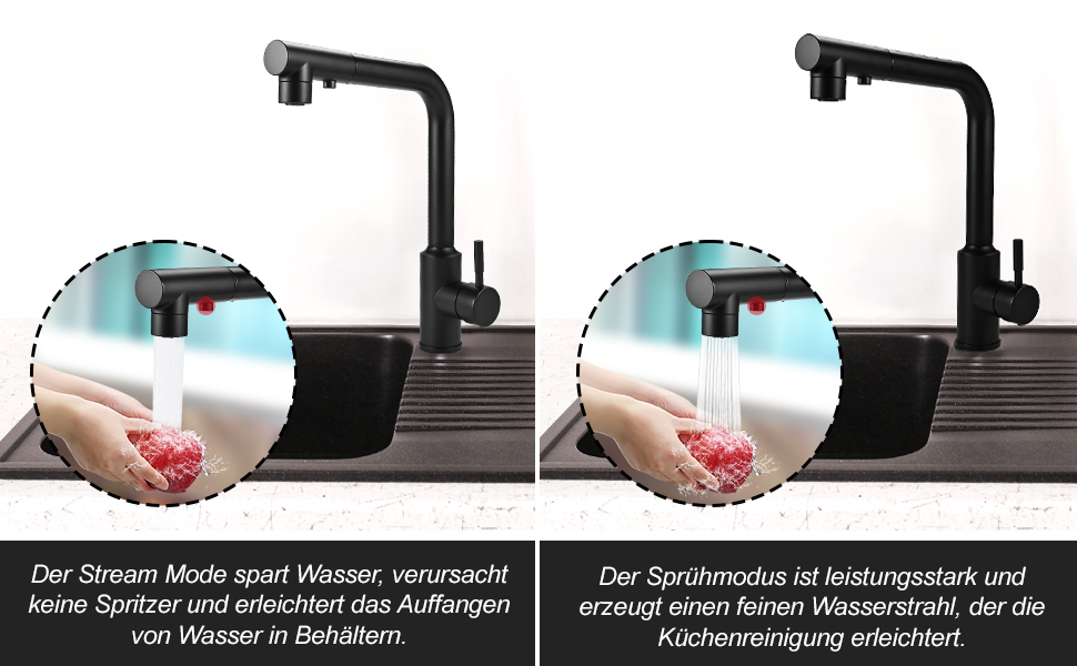 Кран кухонний висувний Cieex, 360° поворот, 4 режими, з душем, нержавіюча сталь, чорний