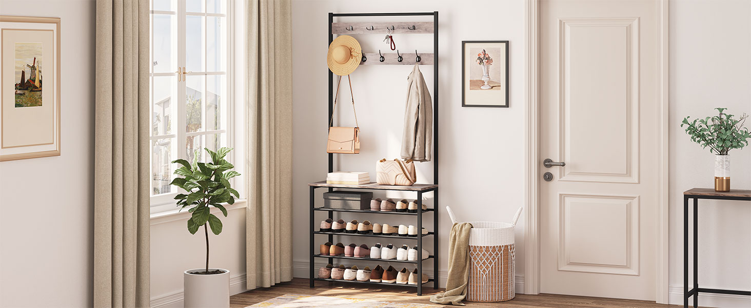 HOOBRO Coat Rack, Shoe Shelf with Coat Rack, Clothes Rack with Shoe Storage, Shoe Cabinet with 5 Shelves, for Entryway, Dark Brown EBF80MT01G2 (Greige + Black)