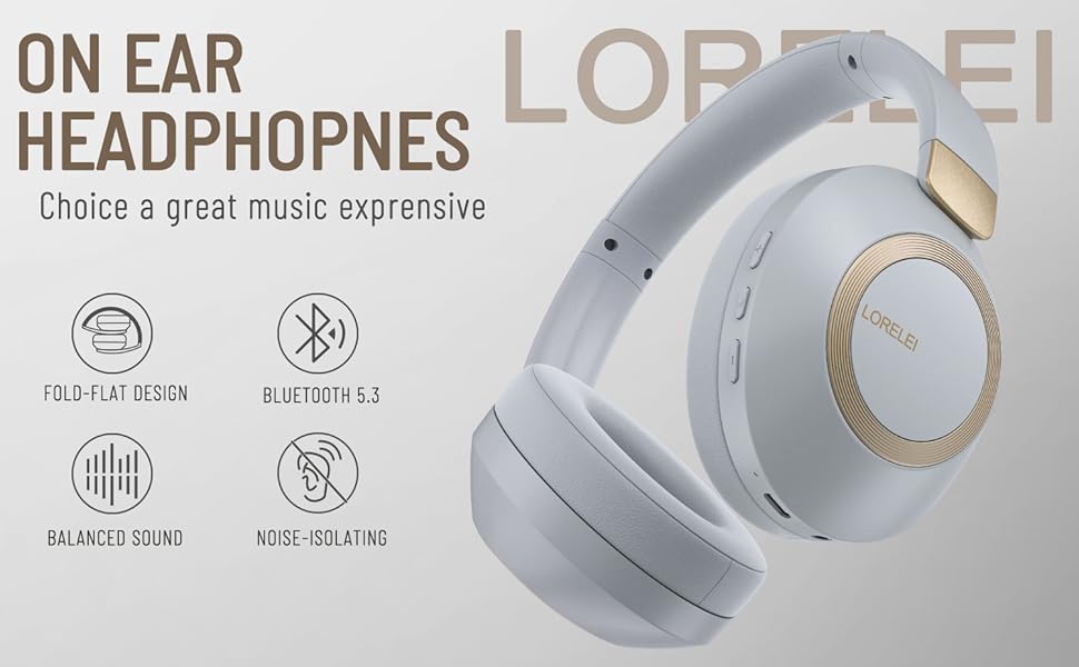 Бездротові навушники LORELEI B-C6 Over-Ear: 50 годин роботи, складні, легкі, Bluetooth, глибокі баси, мікрофон, memory foam, для подорожей (Бежево-білий, Сірий)