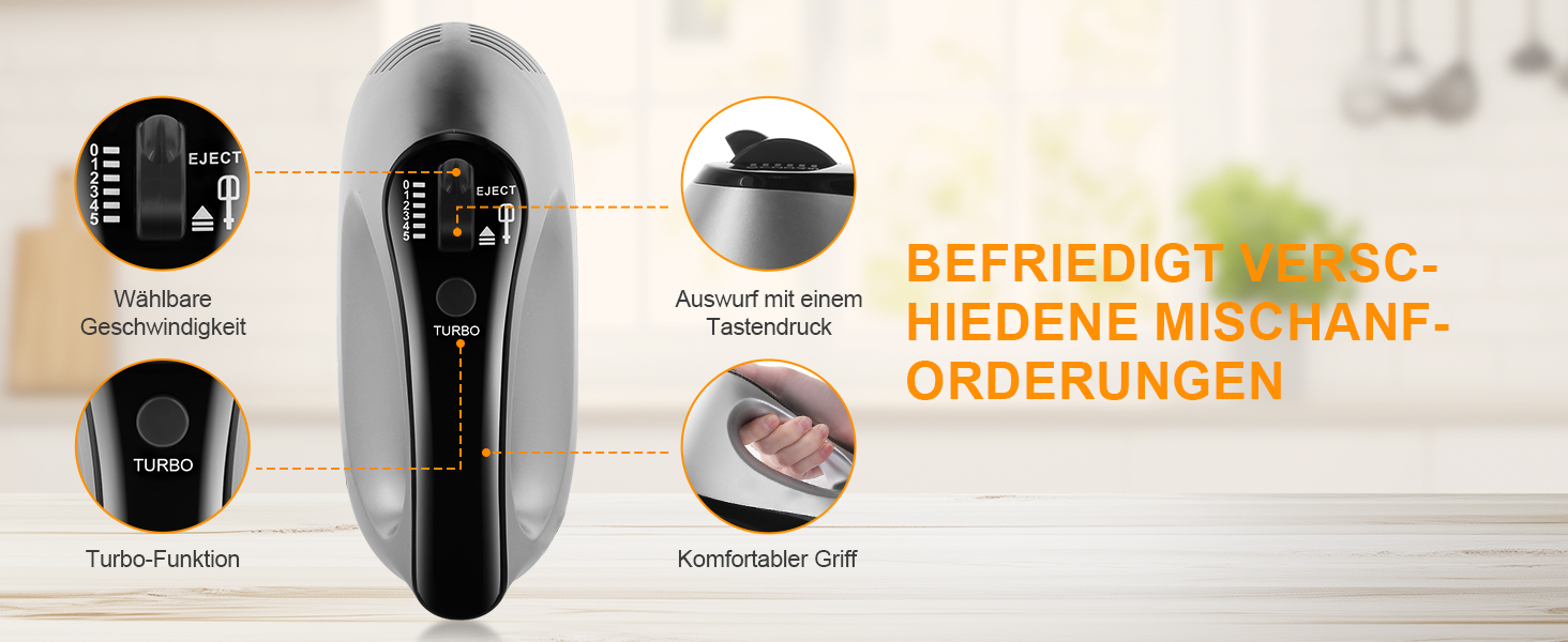 Електричний міксер 500W з набором аксесуарів для випічки (2 міксери, 2 гаки, 2 вінчики, збивач яєць, шпатель, підставка)