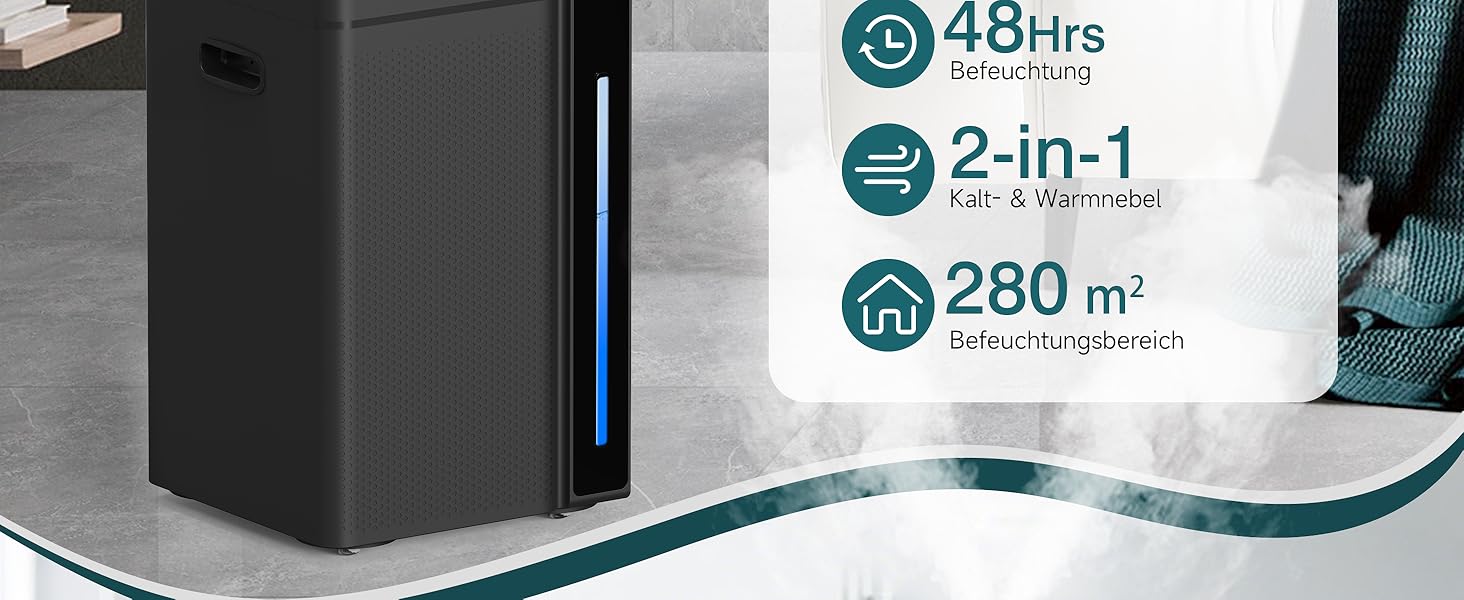 Зволожувач повітря для великих приміщень 20L, теплий та холодний туман, зволожувач до 280м², 360° ультразвуковий зволожувач, для спальні/вітальні/офісу/рослин/комерційного використання, чорний