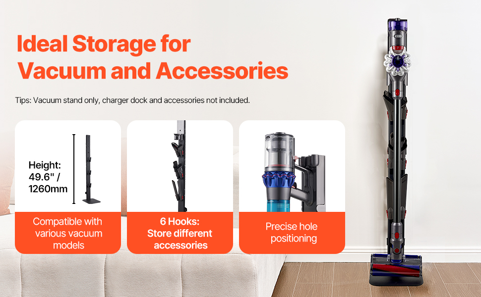Підставка для пилососа VEVOR 126 см, сумісна з Dyson G5 V15 V12 V11 V10 V8 V7 V6, з аксесуарами, 6 гачків, неслизькі підкладки, срібна (чорна платформа)