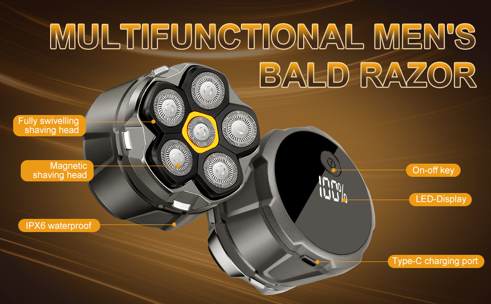 Електричний гостростример для голови чоловічий з LED-дисплеєм, водонепроникний, 6D гнучкий, з плаваючою головкою, для сухого та вологого гоління
