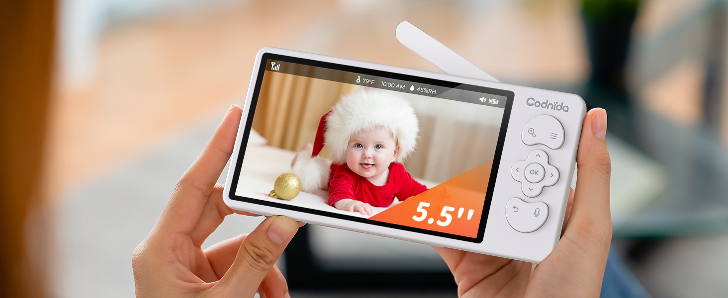 Дитячий відеоняня Codnida з камерою 5.5' LCD, 2K, 3MP HD, Wi-Fi, мобільний додаток, акумулятор 4000mAh, інфрачервона нічне бачення, 2-сторонній аудіо, Vox-режим, 4x зум, інтелектуальний моніторинг, білий