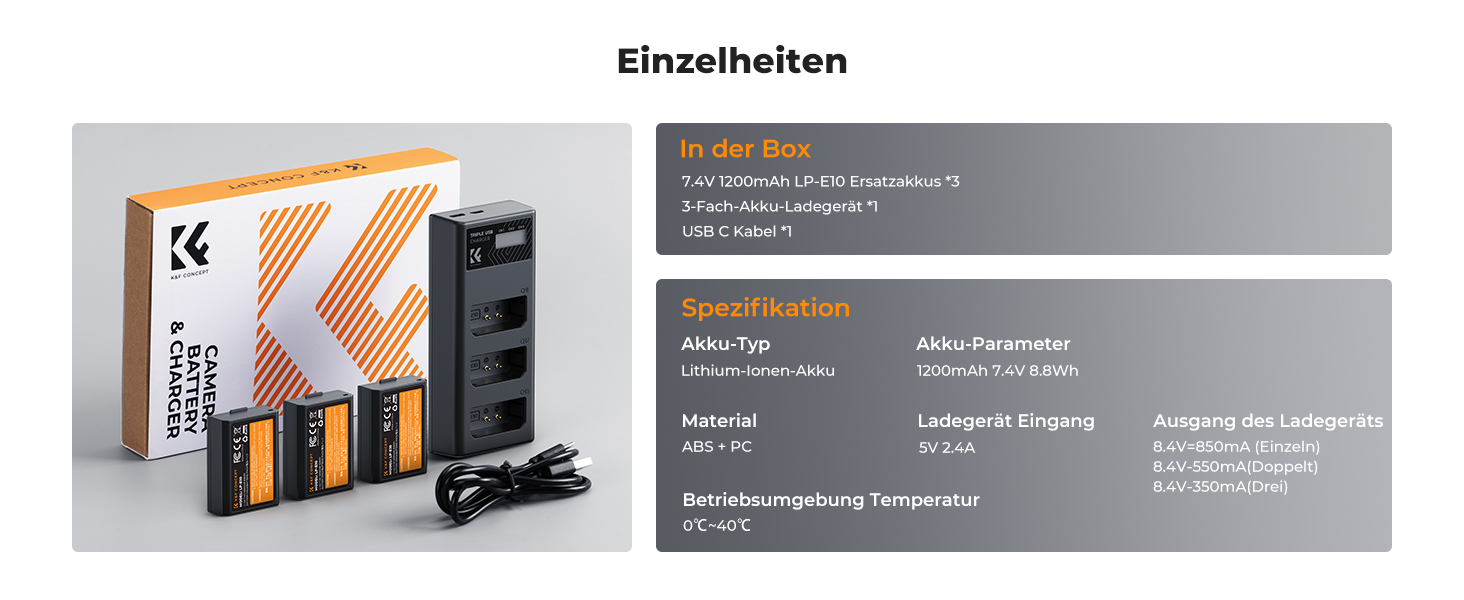 Набір акумуляторів K&F CONCEPT LP-E10 (3 шт.) з LCD-зарядним пристроєм для Canon EOS Rebel T7, T6, T5, T100, Kiss X50, X70, X80, X90, 1100D, 1200D, 1300D, 1500D, 2000D