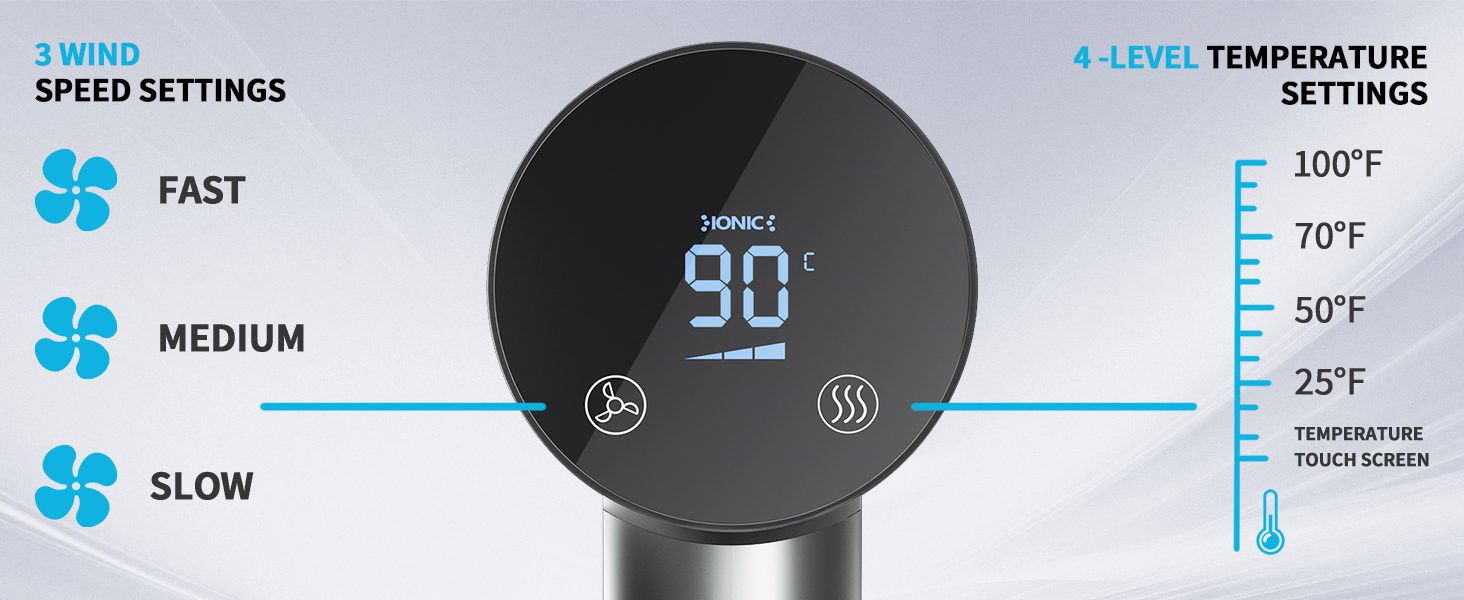 Фен BAMCOO з іонізацією, 1500W, сенсорний дисплей, 4 режими температури та 3 швидкості (сірий)
