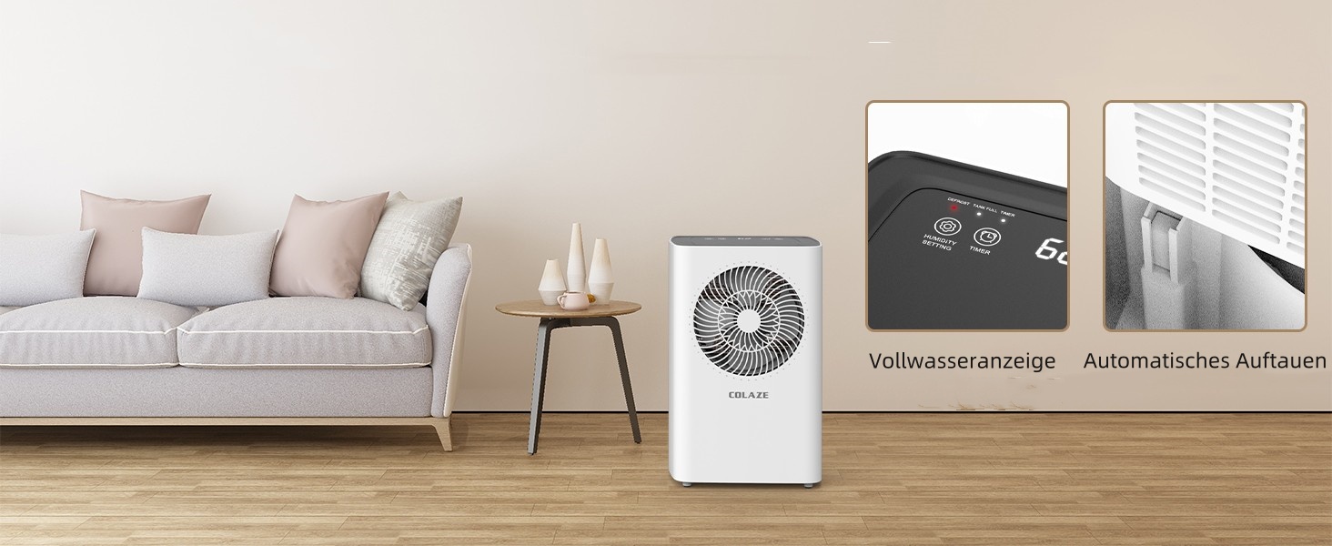 COLAZE 12L/24h Dehumidifier - Electric Dehumidifier Suitable for Room Sizes 120m³ (30m²) - Dehumidifier with Automatic Defrost & Water Level Warning - Room Dehumidifier Under 36dB for Apartment, Basement