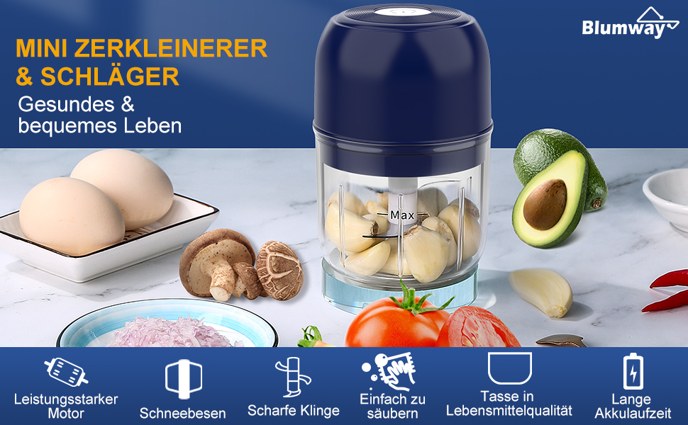 Електричний подрібнювач часнику та овочів 2в1 BlumWay, міні-подрібнювач з віночком для яєць, 250+250 мл (Блакитний)