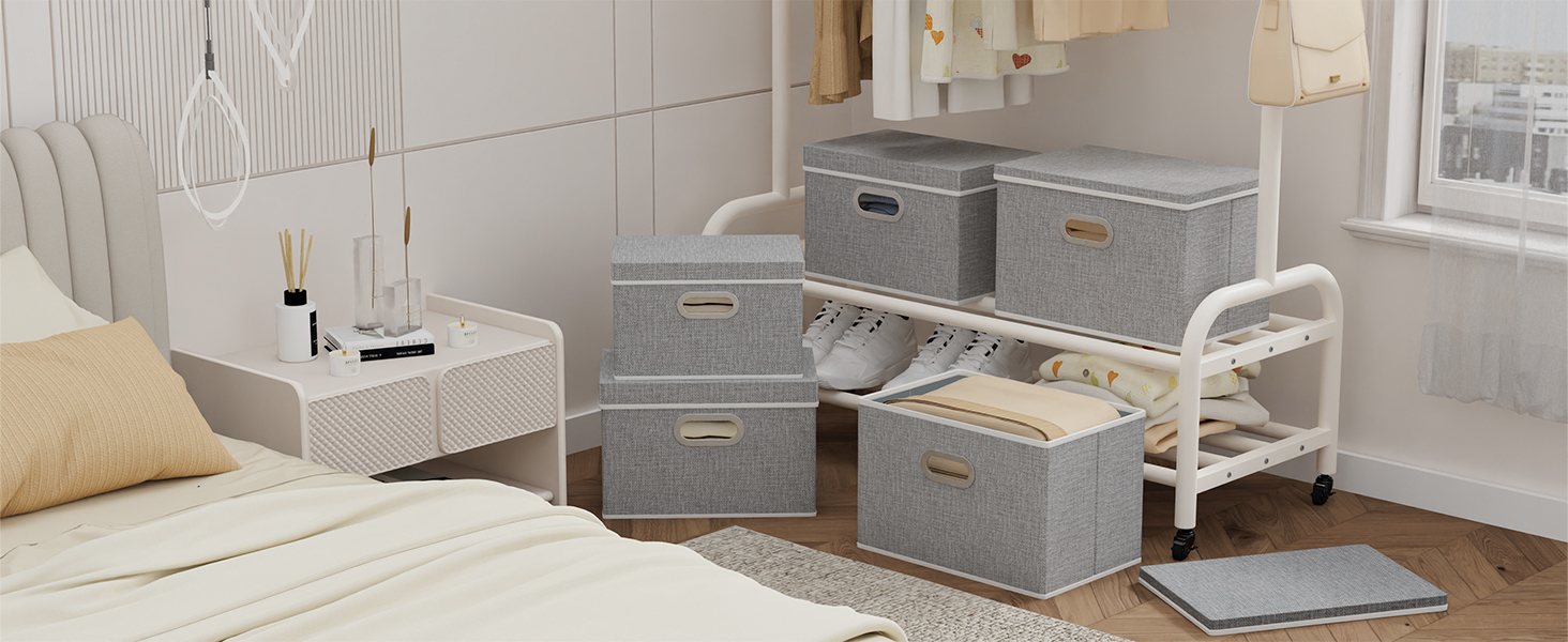 Yawinhe 3-Piece Storage Boxes with Lids, Foldable Fabric Storage Box with Handles, Storage Boxes, for Bedroom, Clothes Storage, 32x23x20cm, Grey, SNK023G-3