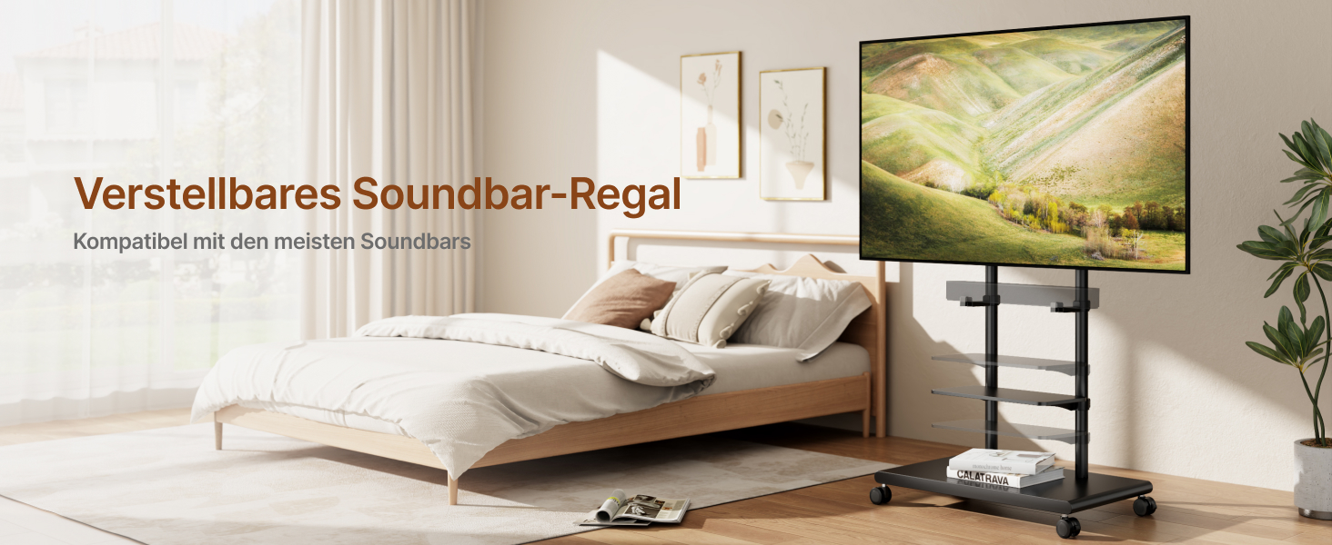 Підставка для телевізора на колесах з кріпленням для саундбару, 50-90 дюймів, до 70 кг, регульована висота та нахил, MAX VESA 600x400 мм