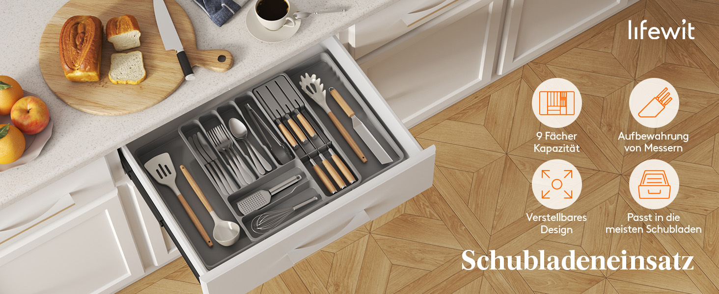 Органайзер для столових приборів Lifewit в шухляду, розширюваний, з відділенням для ножів (40 см, сірий)