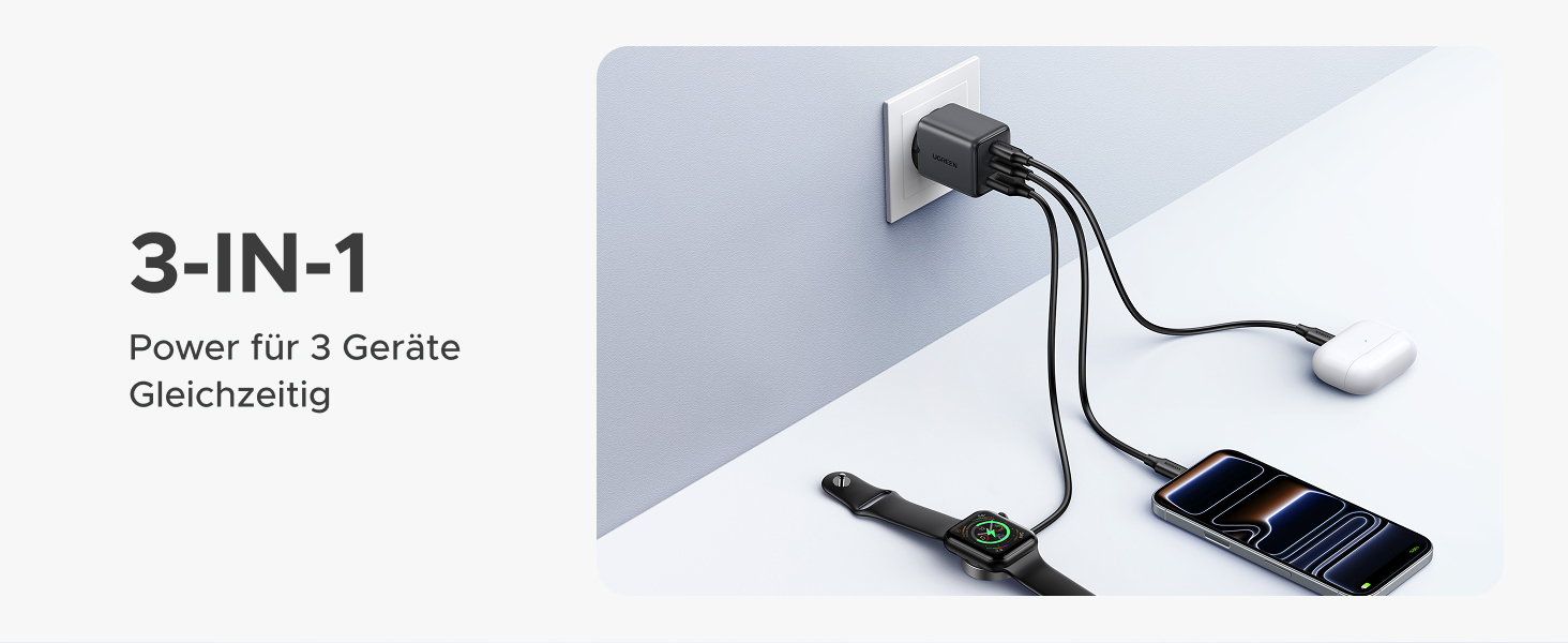 Зарядний пристрій UGREEN 30W USB-C з 3 портами GaN II для iPhone, iPad, Galaxy, Pixel - Швидка зарядка PD