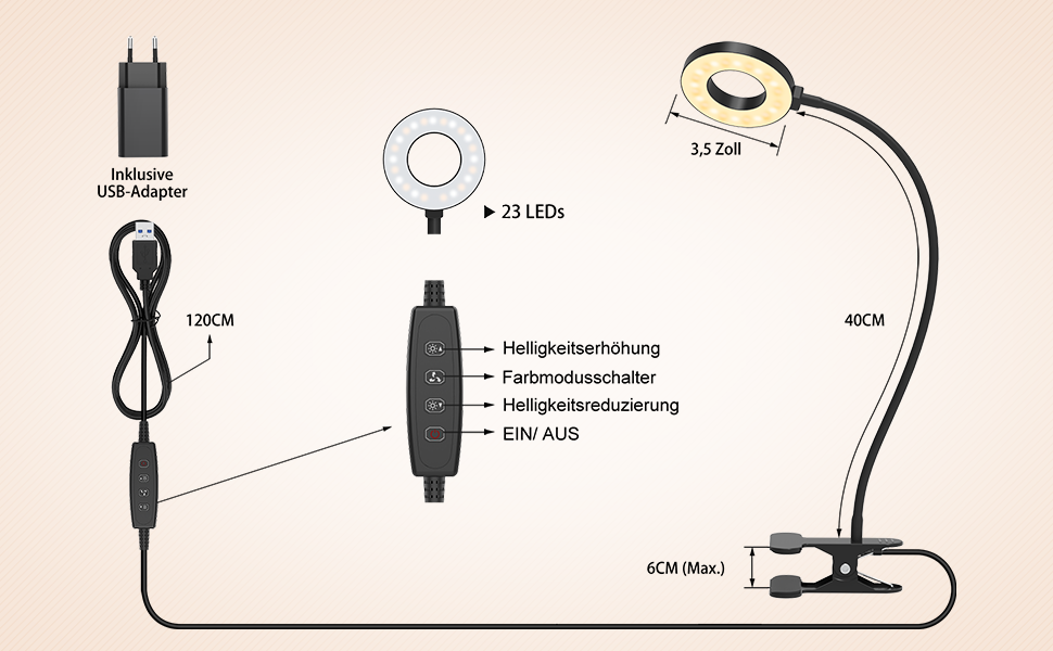iZELL LED лампа для читання з гнуким світильником - 3 режими, 10 рівнів яскравості, USB-зарядка, 40 см