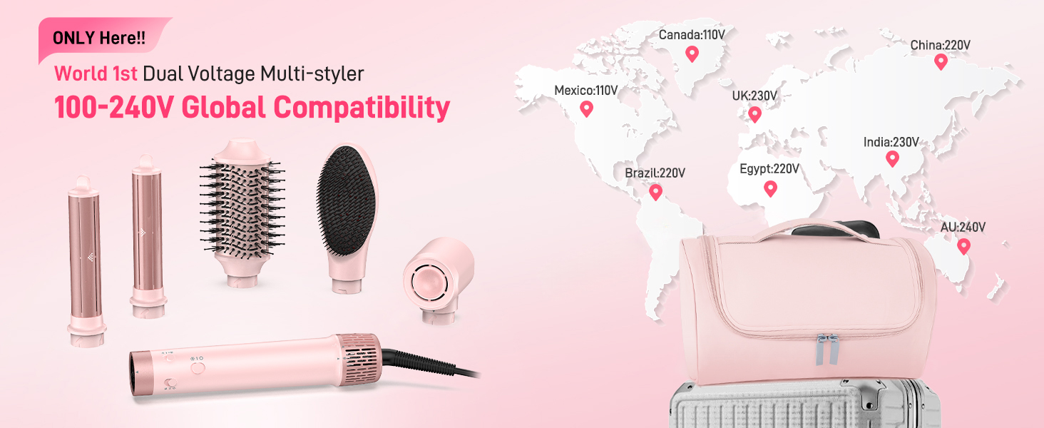 Фен-стайлер 5-в-1 для волосся з іонізацією, набір з насадками, швидка сушка, локони, випрямлення, об'єм, без пошкодження волосся, 100–240V, з сумкою, рожевий