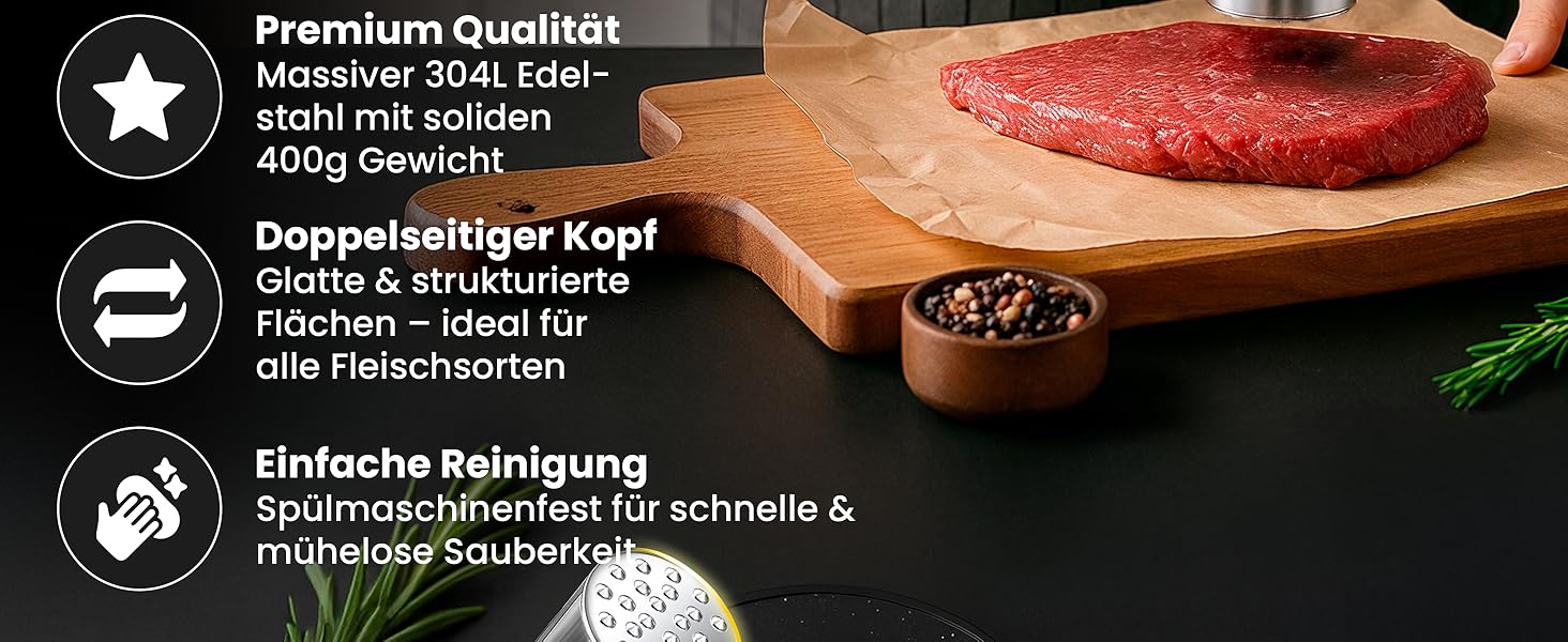 Преміум Fleischklopfer від Brendo: м'ясорубка з масивного нержавіючої сталі, двостороння, з плоскою та зубчастою поверхнею для будь-якого м'яса, + E-Book рецептів, придатна для миття в посудомийній машині, шніцельниця
